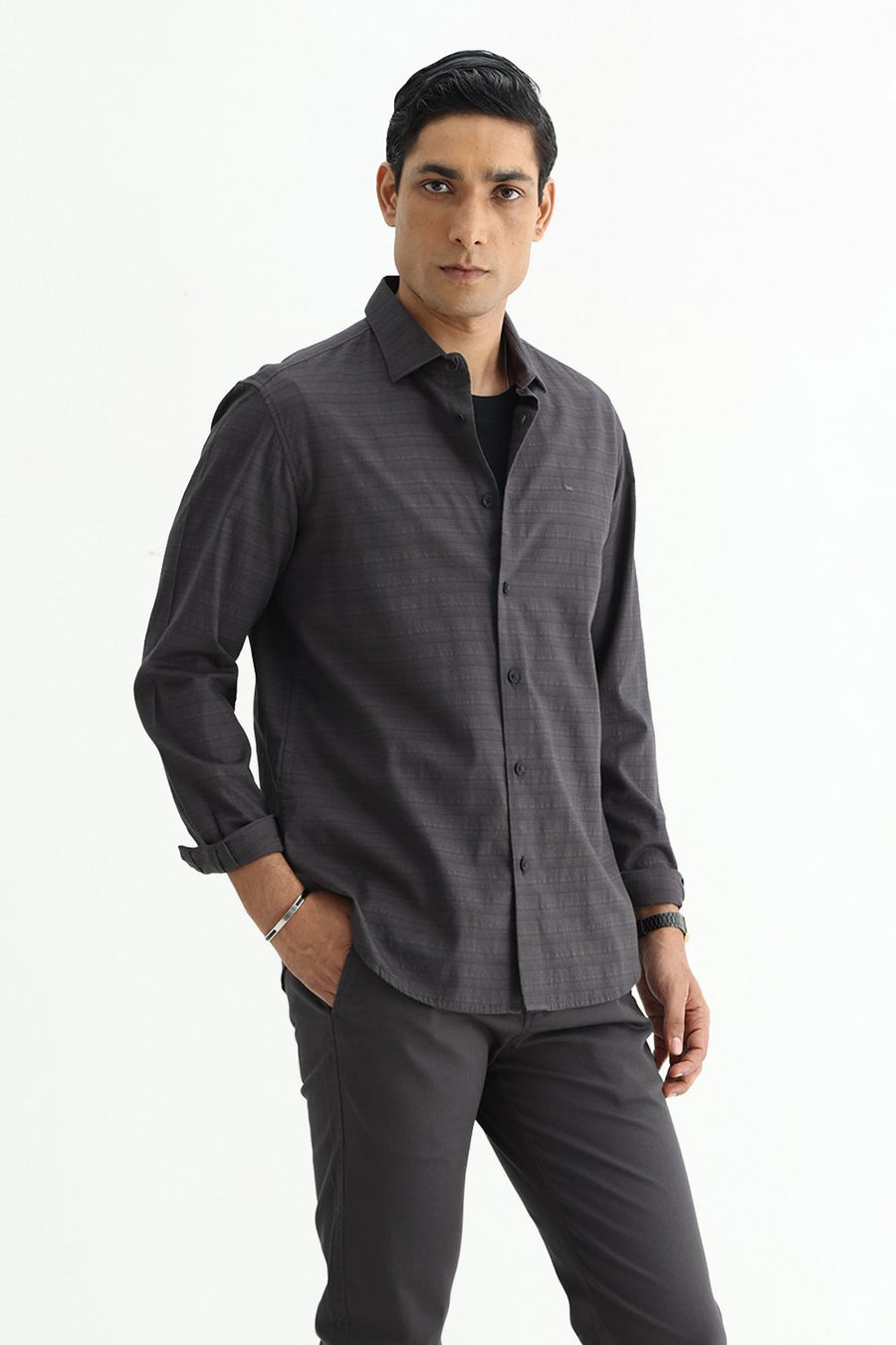BASICS SLIM FIT GREY ASH COTTON DOBBY HALFSLEEVES SHIRT