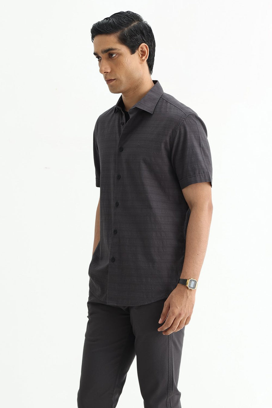 BASICS SLIM FIT GREY ASH COTTON DOBBY HALFSLEEVES SHIRT