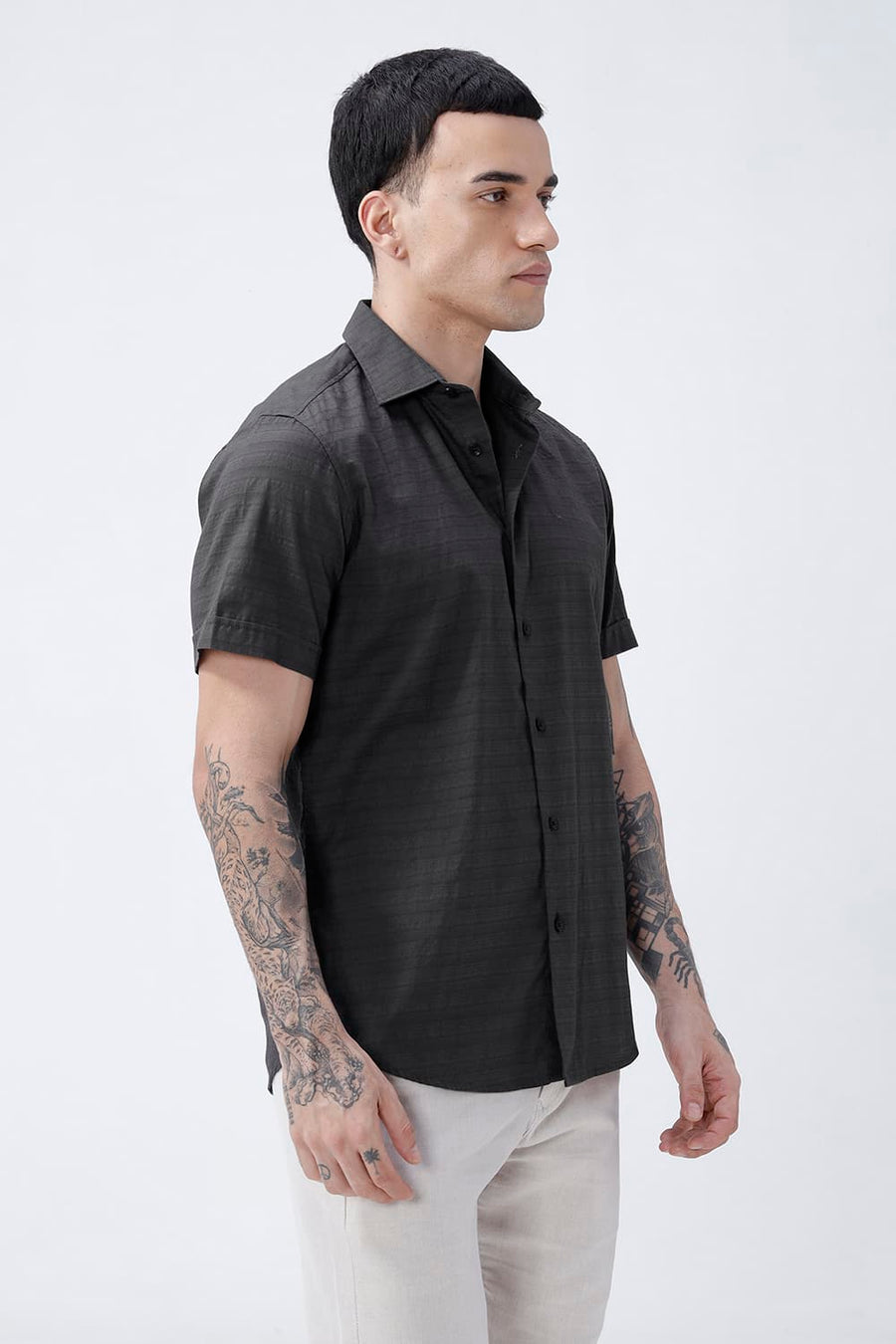 BASICS SLIM FIT GREY ASH COTTON DOBBY HALFSLEEVES SHIRT