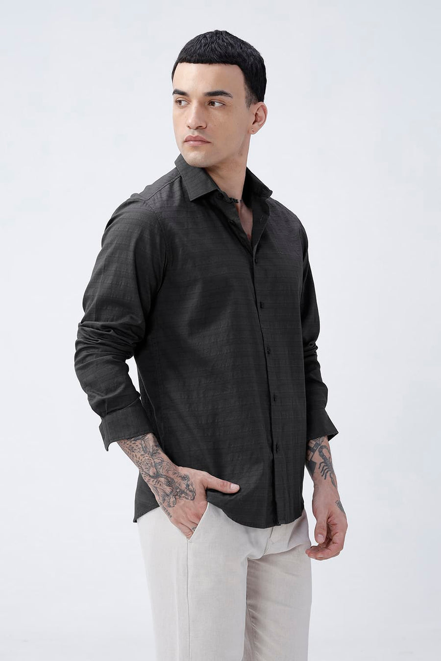 BASICS SLIM FIT GREY ASH COTTON DOBBY SHIRT
