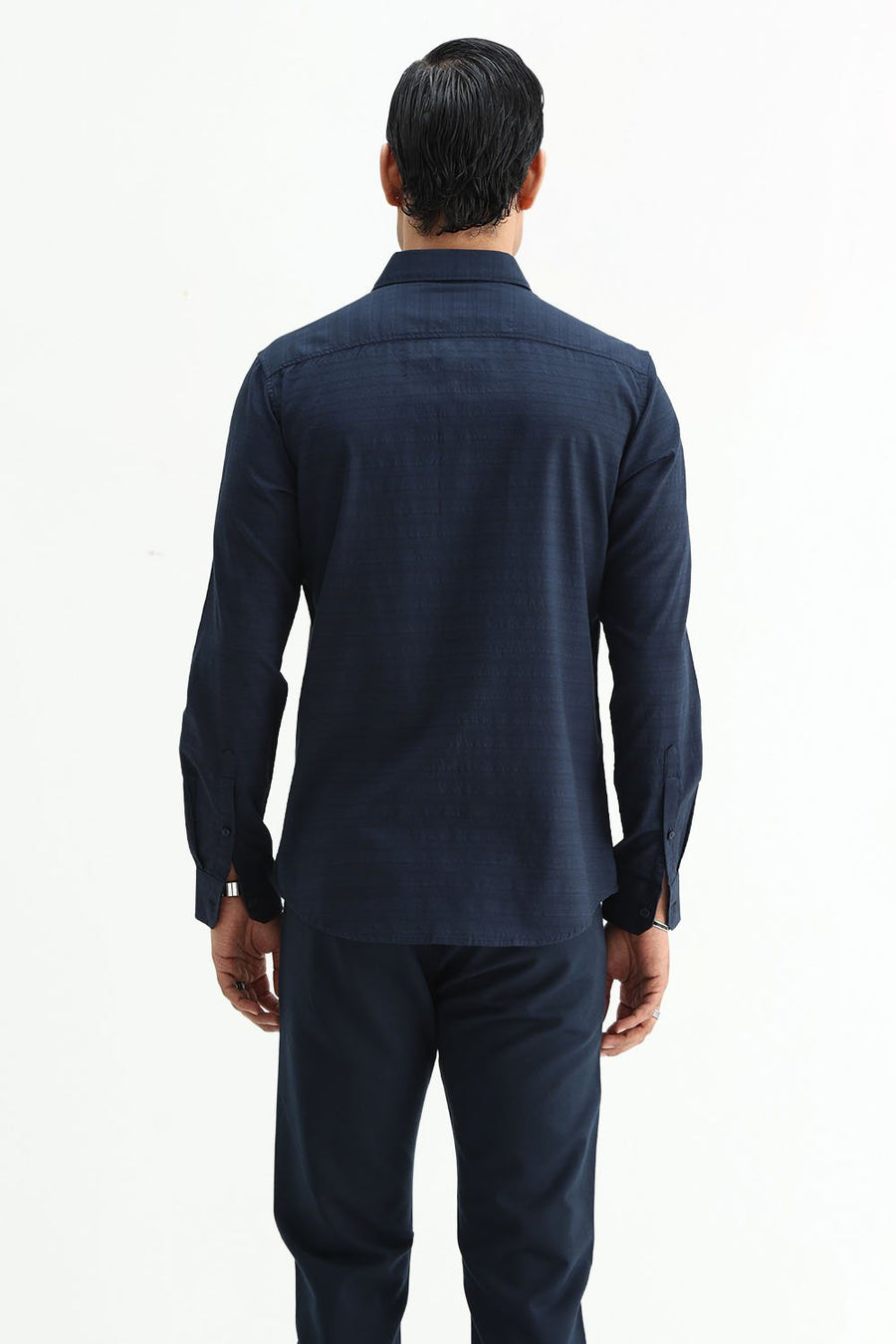 BASICS SLIM FIT MOONLIT NAVY COTTON DOBBY SHIRT