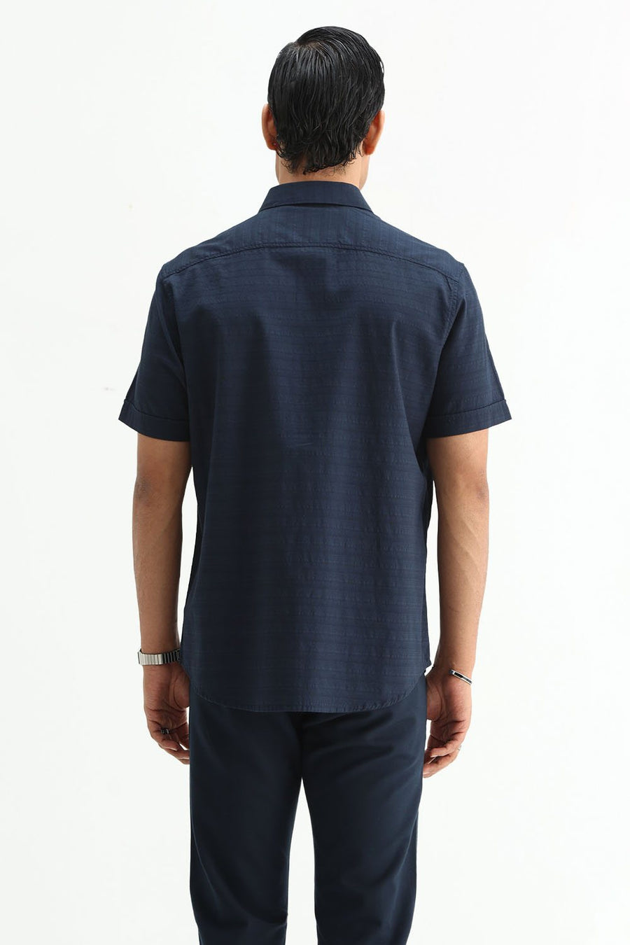 BASICS SLIM FIT MOONLIT NAVY COTTON DOBBY HALFSLEEVES SHIRT
