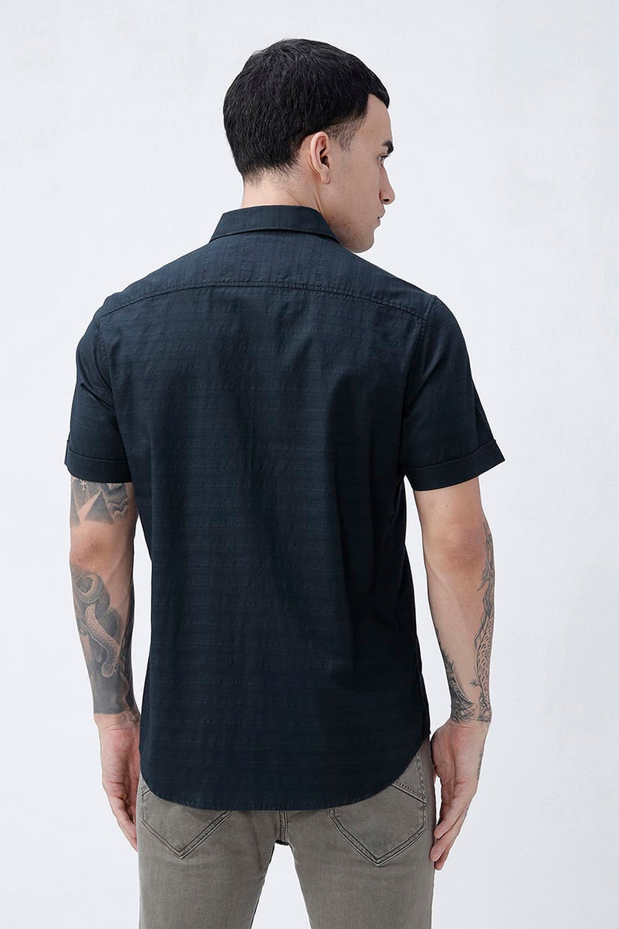 BASICS SLIM FIT MOONLIT NAVY COTTON DOBBY HALFSLEEVES SHIRT