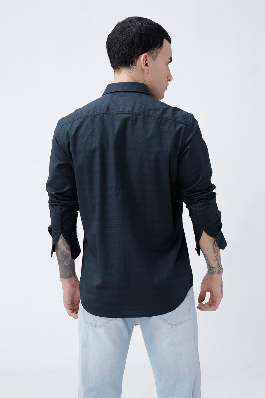 BASICS SLIM FIT MOONLIT NAVY COTTON DOBBY SHIRT