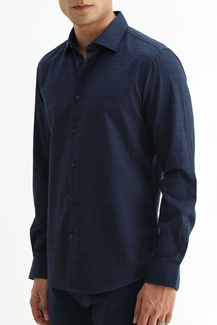 BASICS SLIM FIT MOONLIT NAVY COTTON DOBBY SHIRT