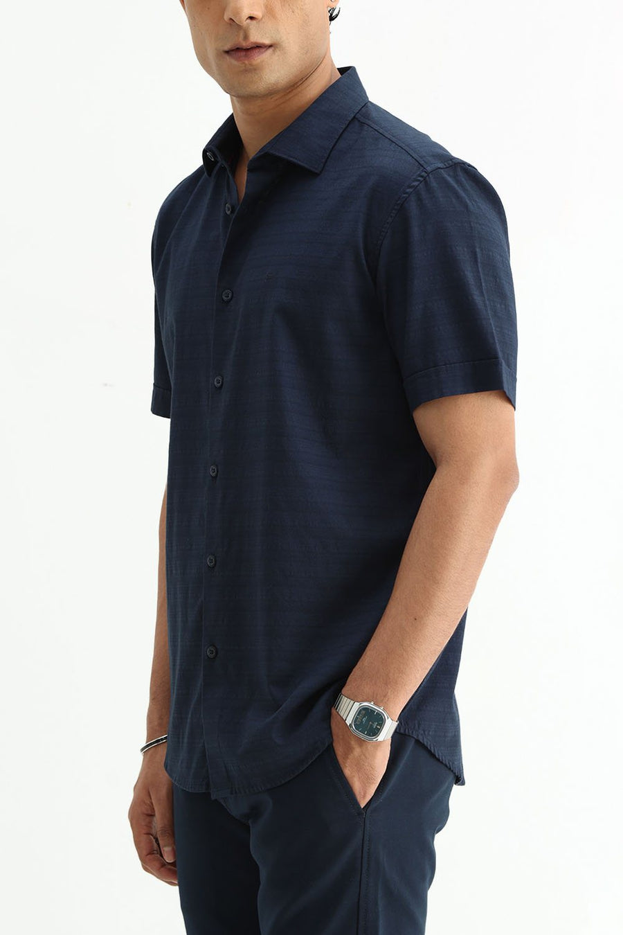 BASICS SLIM FIT MOONLIT NAVY COTTON DOBBY HALFSLEEVES SHIRT