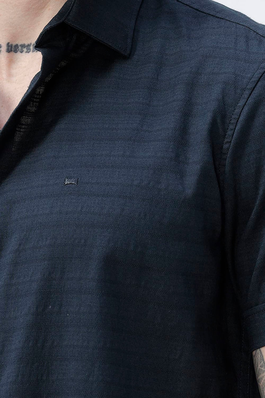 BASICS SLIM FIT MOONLIT NAVY COTTON DOBBY HALFSLEEVES SHIRT