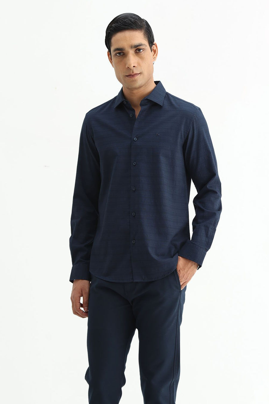 BASICS SLIM FIT MOONLIT NAVY COTTON DOBBY SHIRT