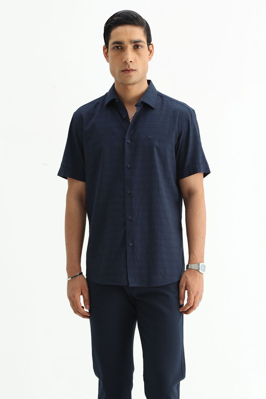 BASICS SLIM FIT MOONLIT NAVY COTTON DOBBY HALFSLEEVES SHIRT