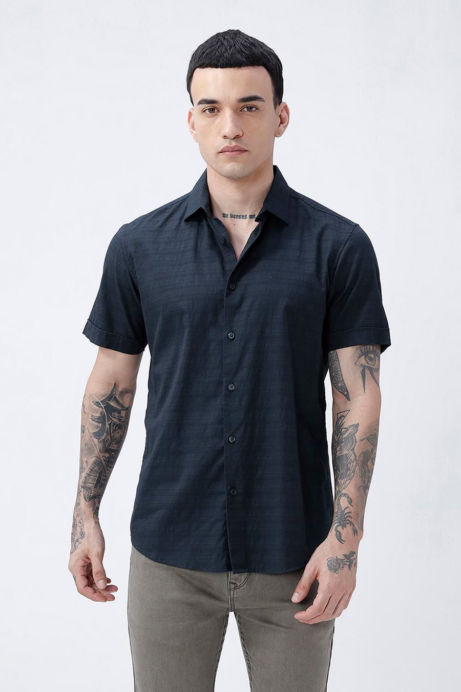 BASICS SLIM FIT MOONLIT NAVY COTTON DOBBY HALFSLEEVES SHIRT