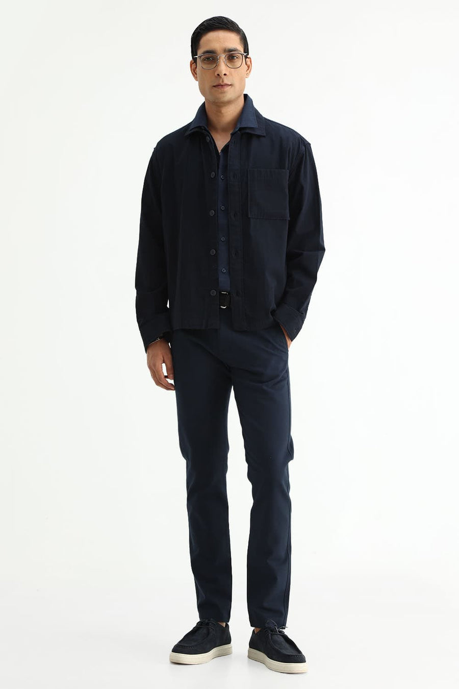 BASICS SLIM FIT MOONLIT NAVY COTTON DOBBY HALFSLEEVES SHIRT