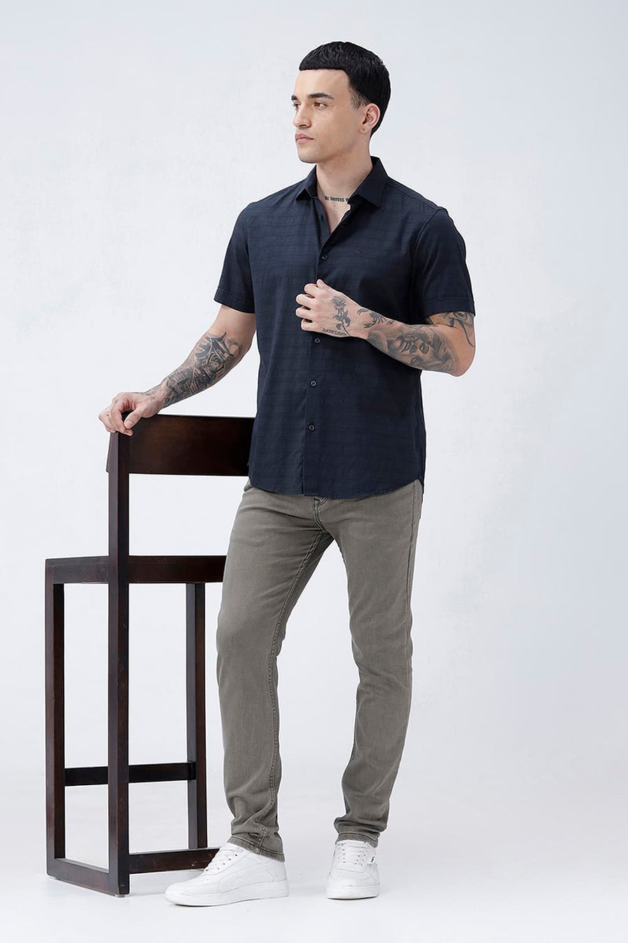 BASICS SLIM FIT MOONLIT NAVY COTTON DOBBY HALFSLEEVES SHIRT