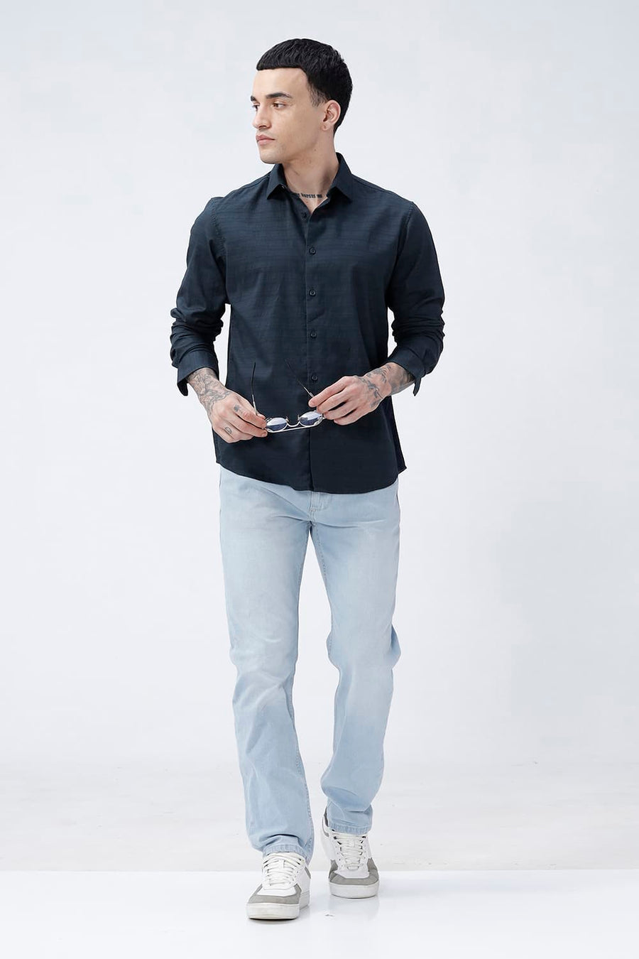BASICS SLIM FIT MOONLIT NAVY COTTON DOBBY SHIRT