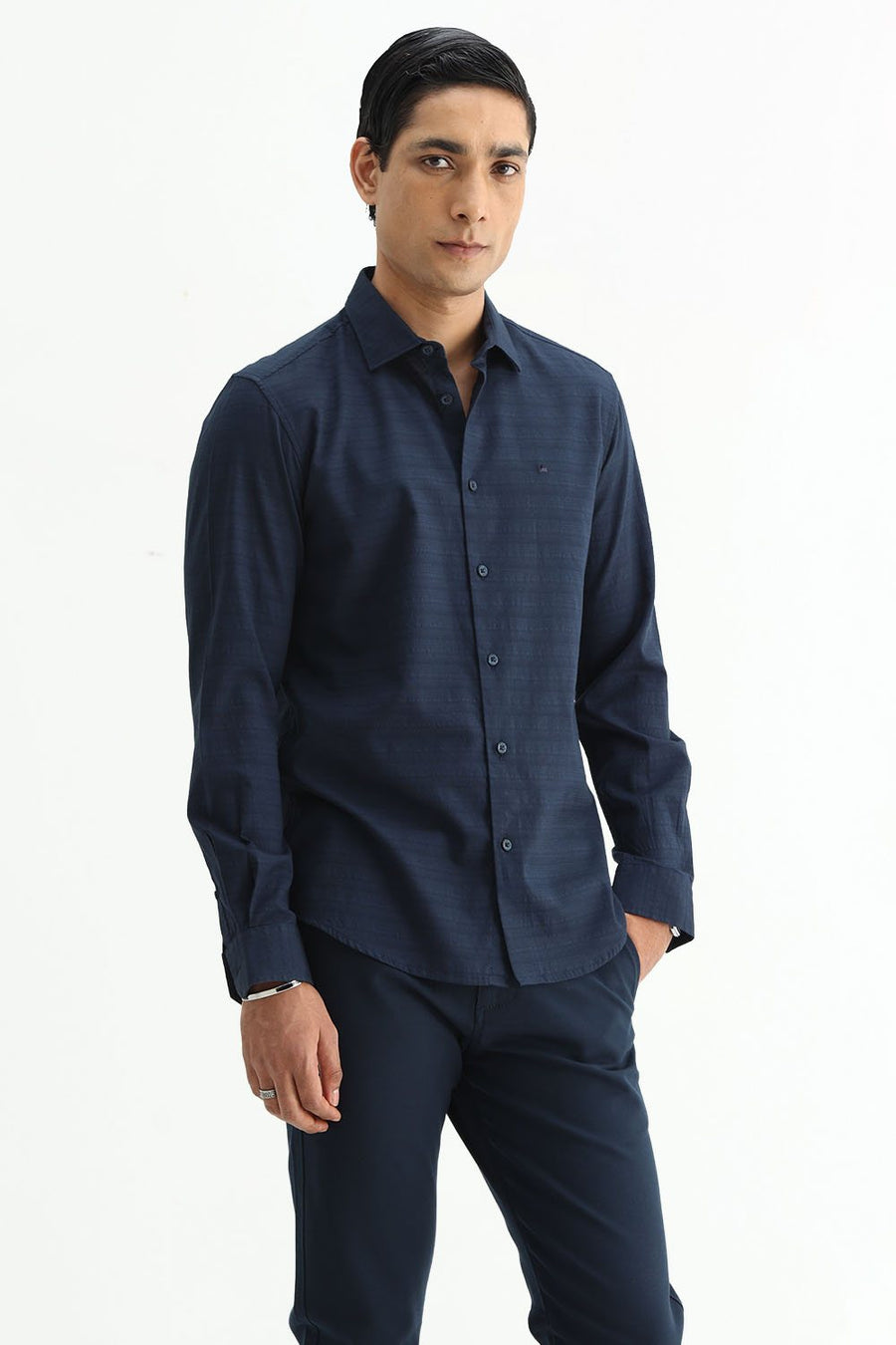 BASICS SLIM FIT MOONLIT NAVY COTTON DOBBY SHIRT