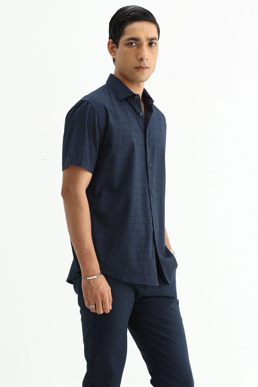 BASICS SLIM FIT MOONLIT NAVY COTTON DOBBY HALFSLEEVES SHIRT
