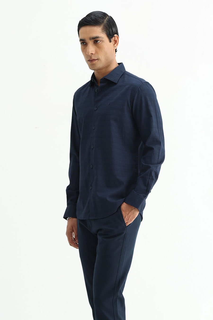 BASICS SLIM FIT MOONLIT NAVY COTTON DOBBY SHIRT
