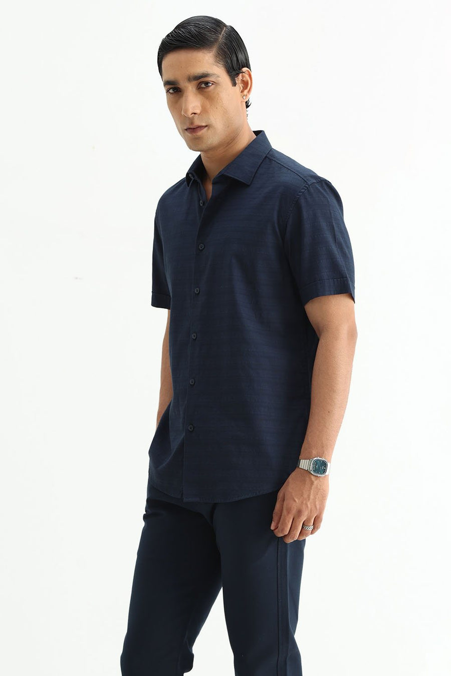 BASICS SLIM FIT MOONLIT NAVY COTTON DOBBY HALFSLEEVES SHIRT