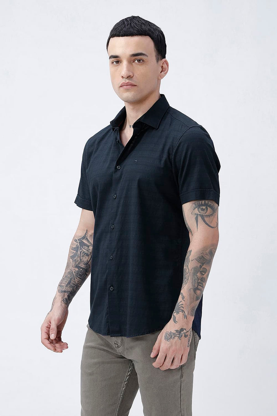 BASICS SLIM FIT MOONLIT NAVY COTTON DOBBY HALFSLEEVES SHIRT