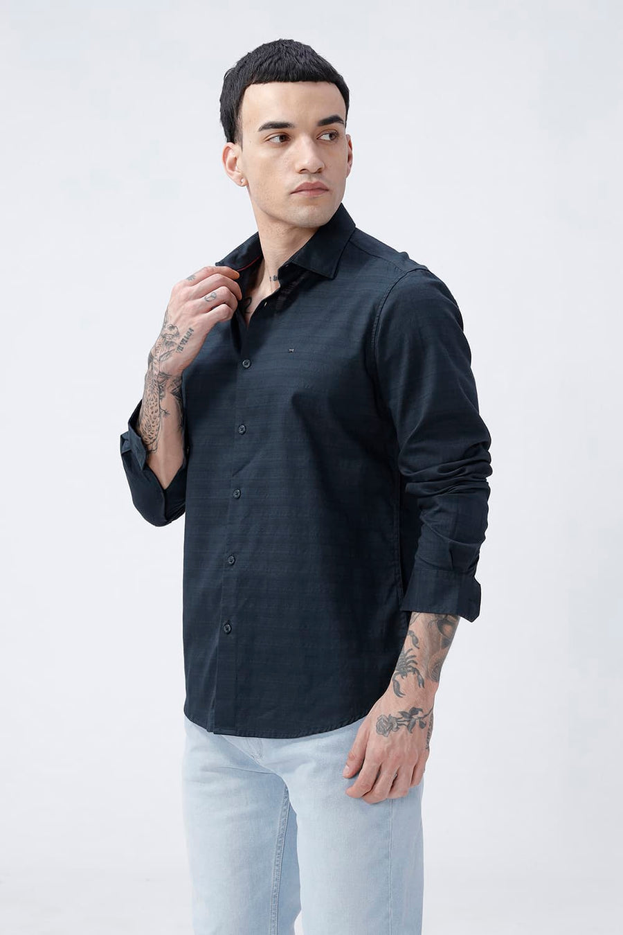 BASICS SLIM FIT MOONLIT NAVY COTTON DOBBY SHIRT