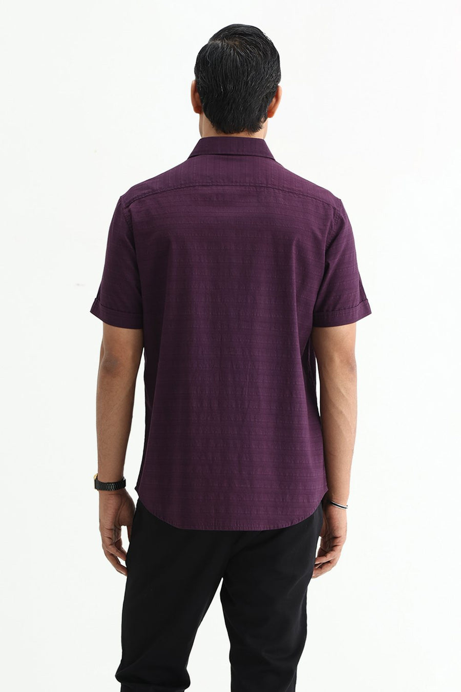 BASICS SLIM FIT PLUM PURPLE COTTON DOBBY HALFSLEEVES SHIRT