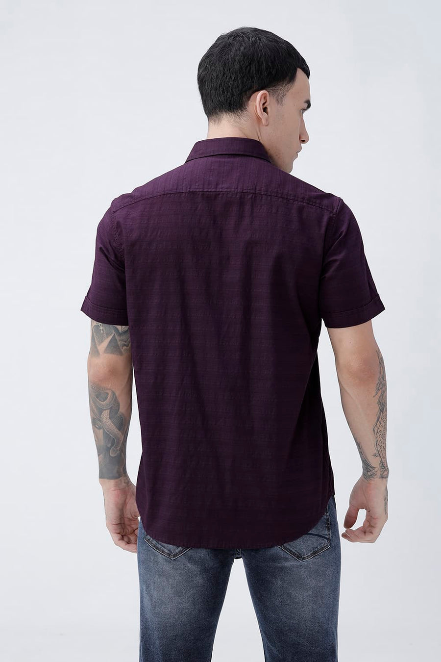 BASICS SLIM FIT PLUM PURPLE COTTON DOBBY HALFSLEEVES SHIRT