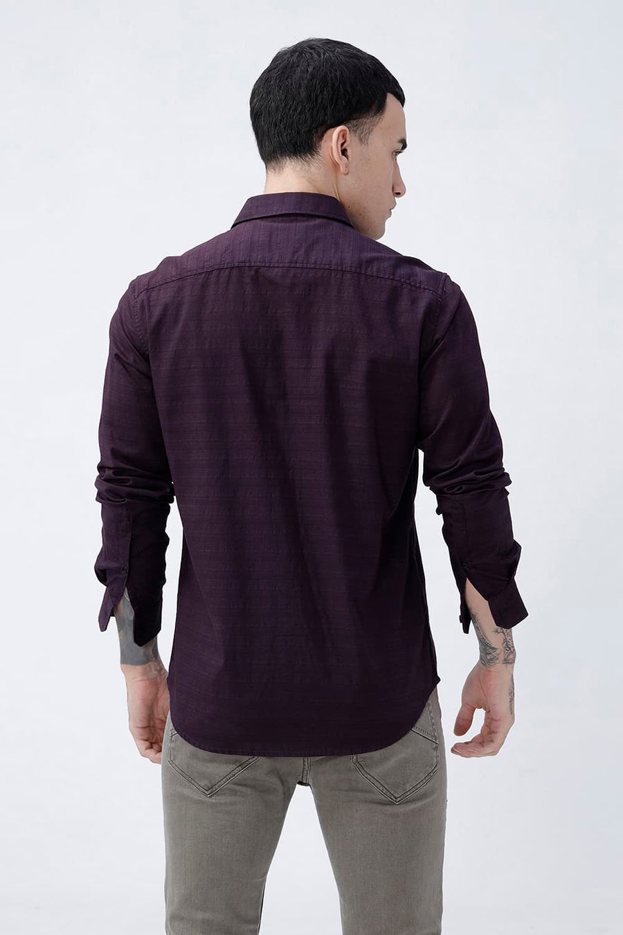BASICS SLIM FIT PLUM PURPLE COTTON DOBBY SHIRT