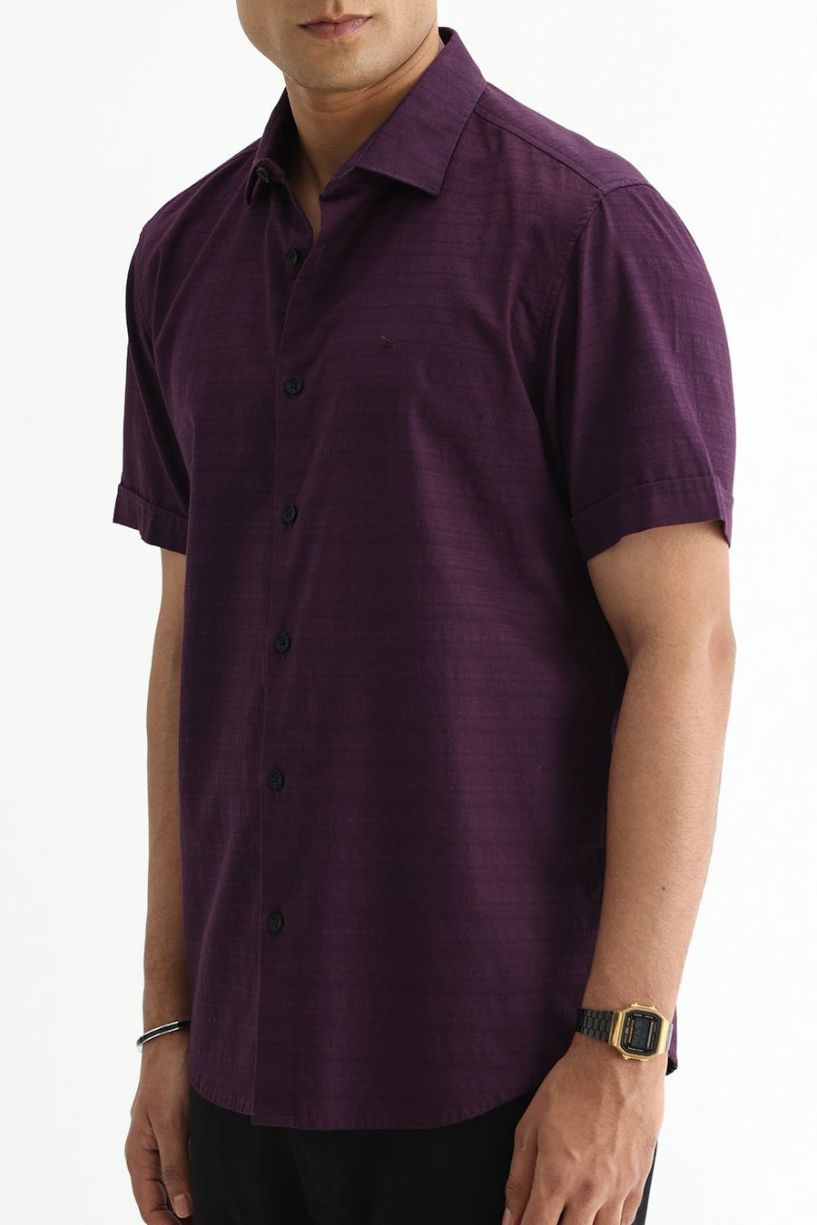 BASICS SLIM FIT PLUM PURPLE COTTON DOBBY HALFSLEEVES SHIRT