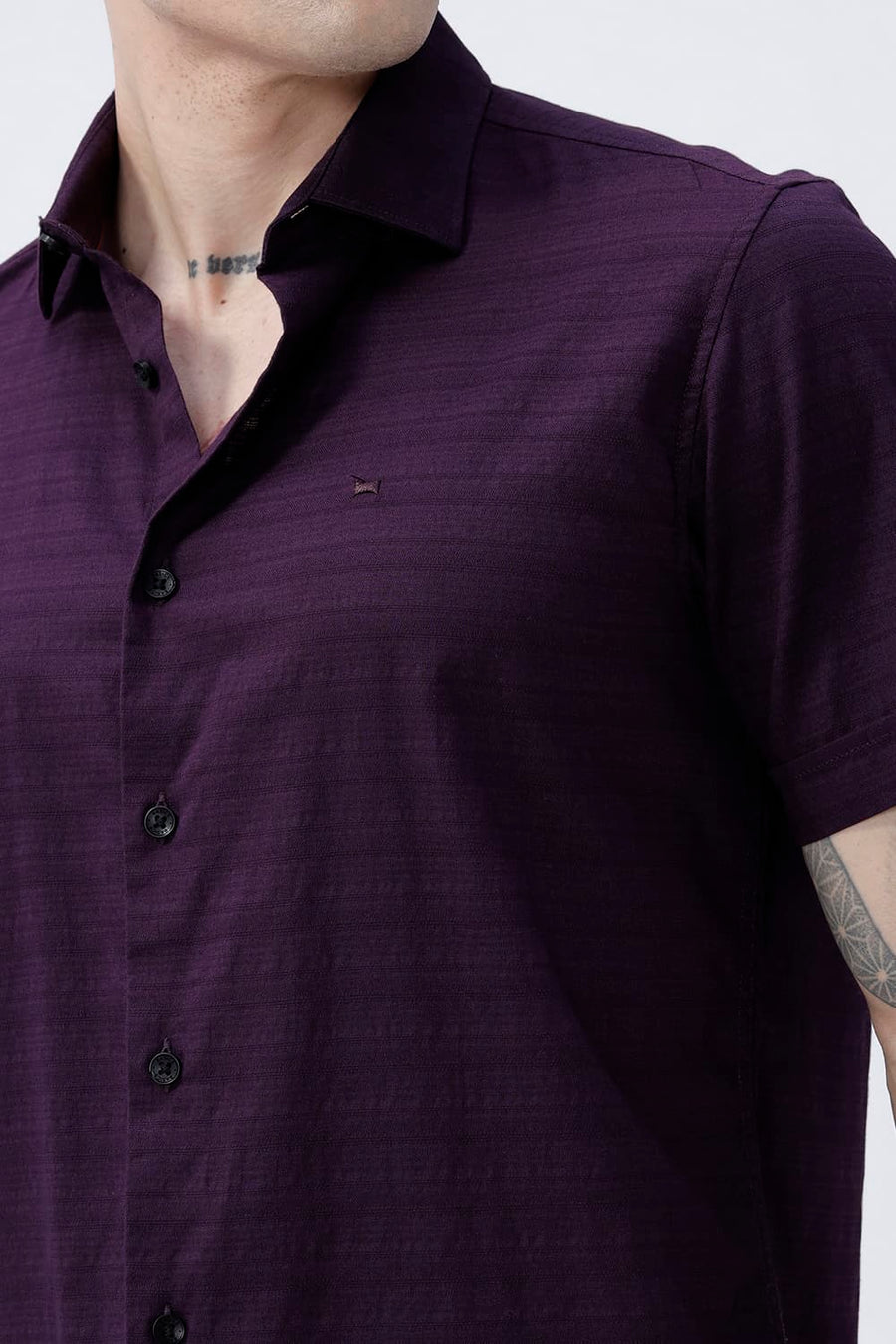 BASICS SLIM FIT PLUM PURPLE COTTON DOBBY HALFSLEEVES SHIRT