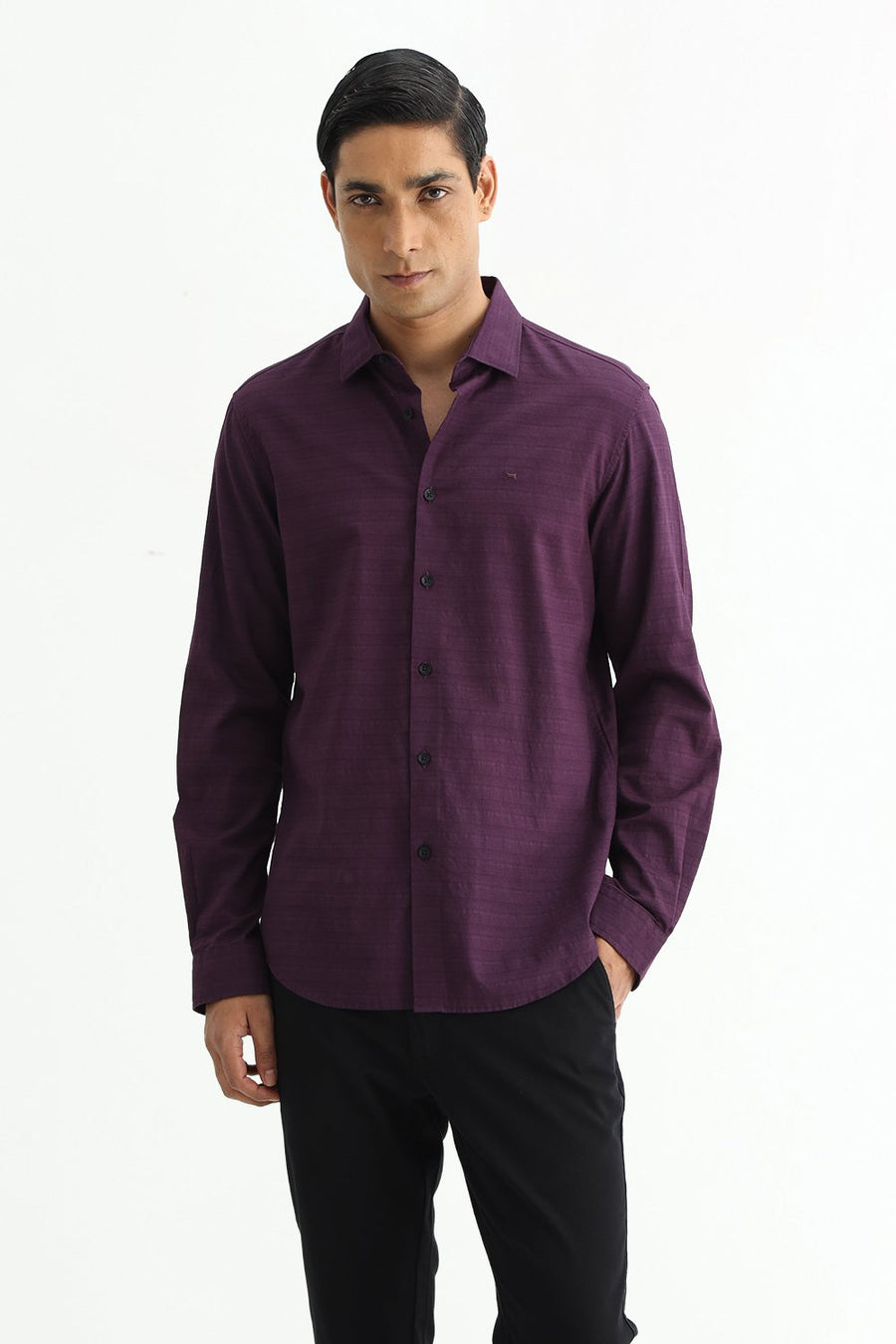 BASICS SLIM FIT PLUM PURPLE COTTON DOBBY SHIRT