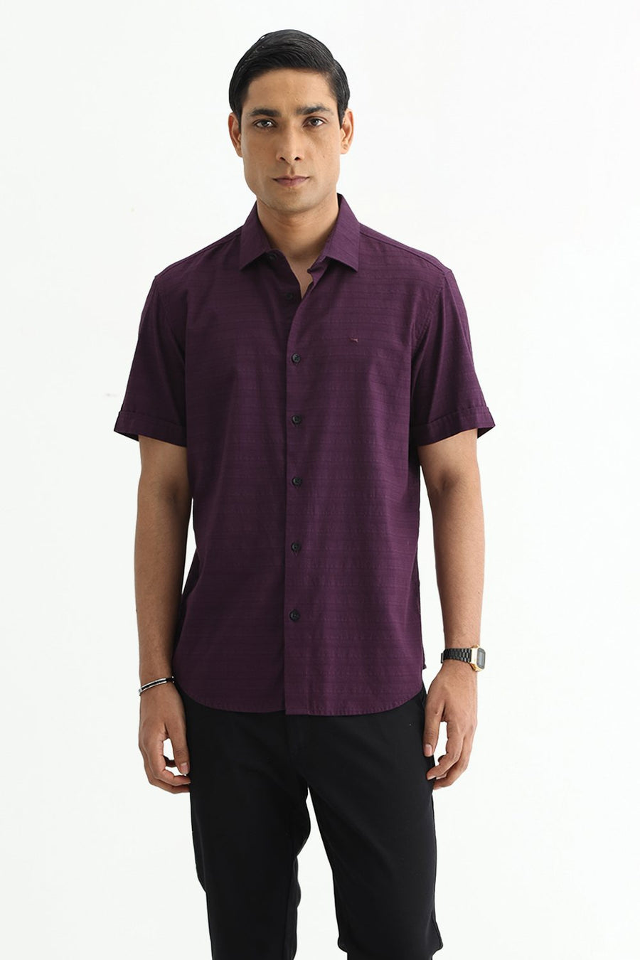 BASICS SLIM FIT PLUM PURPLE COTTON DOBBY HALFSLEEVES SHIRT