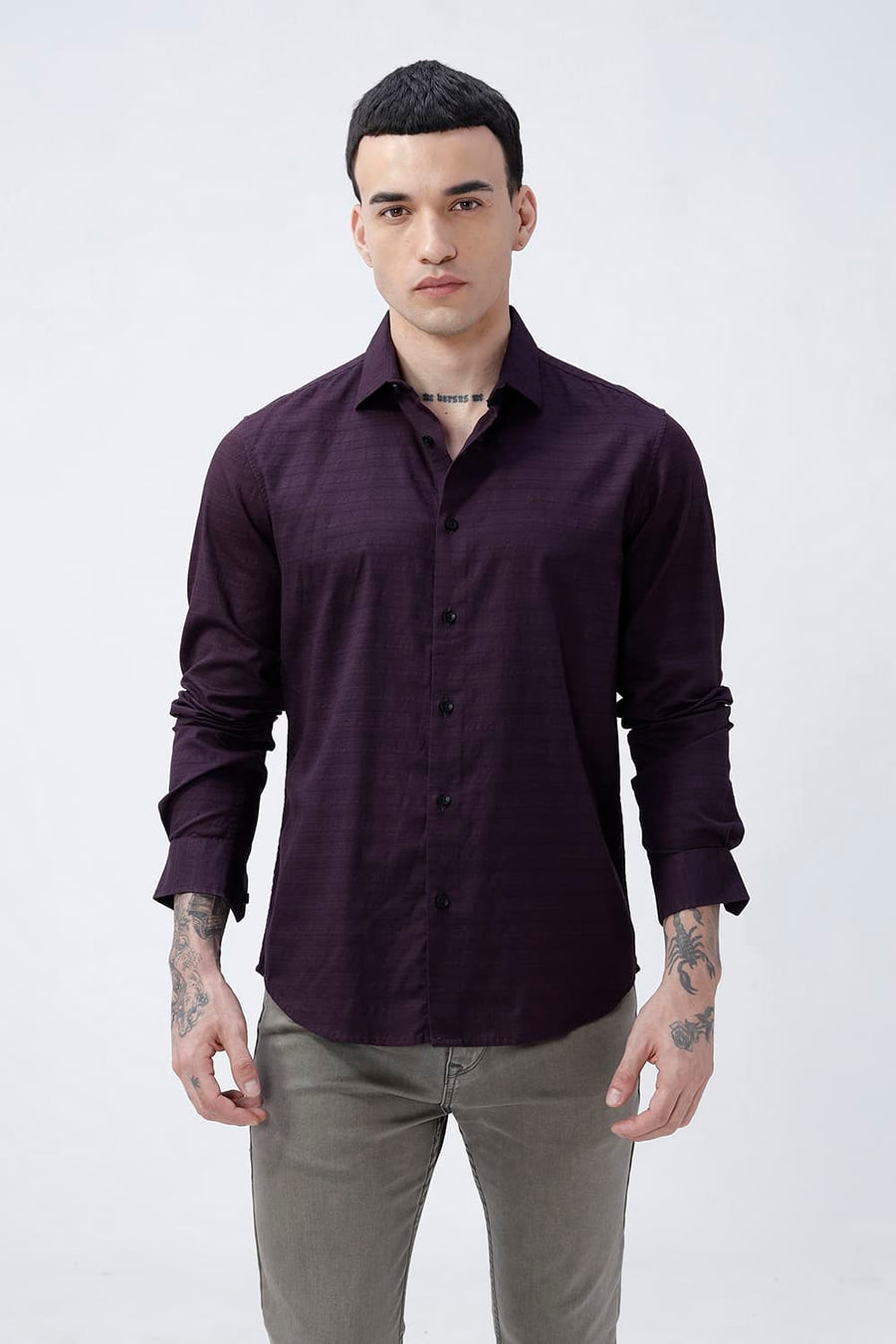 BASICS SLIM FIT PLUM PURPLE COTTON DOBBY SHIRT