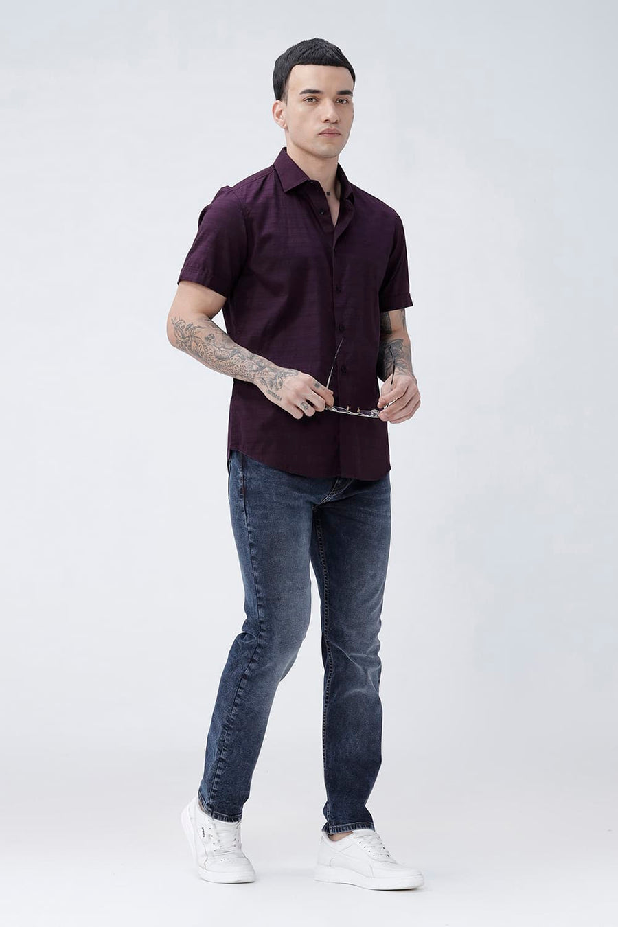 BASICS SLIM FIT PLUM PURPLE COTTON DOBBY HALFSLEEVES SHIRT