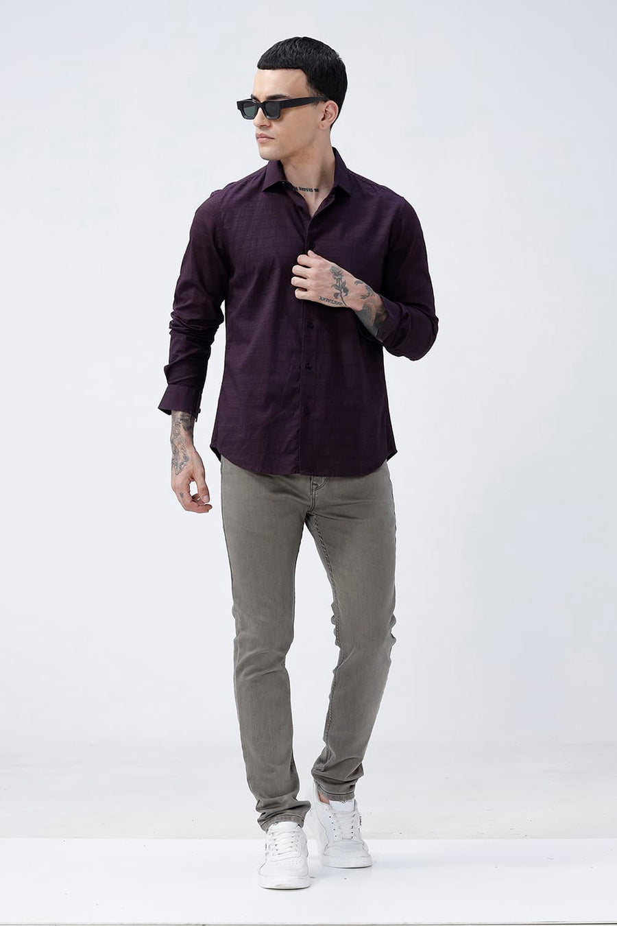 BASICS SLIM FIT PLUM PURPLE COTTON DOBBY SHIRT