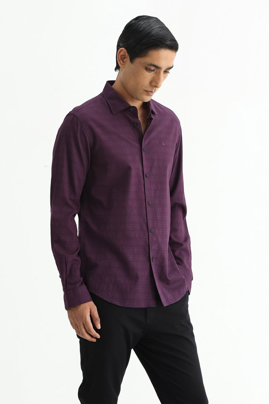 BASICS SLIM FIT PLUM PURPLE COTTON DOBBY SHIRT