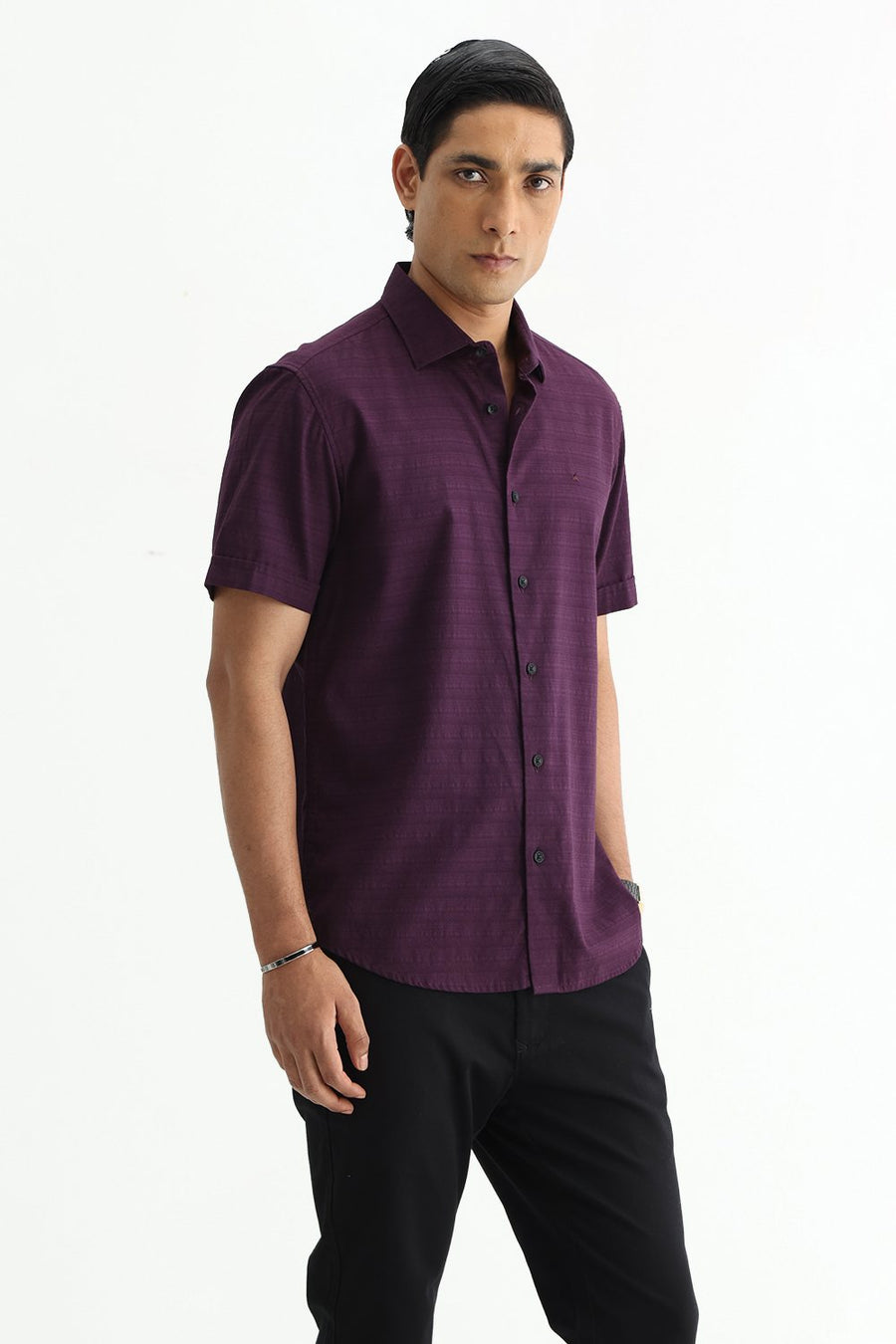 BASICS SLIM FIT PLUM PURPLE COTTON DOBBY HALFSLEEVES SHIRT