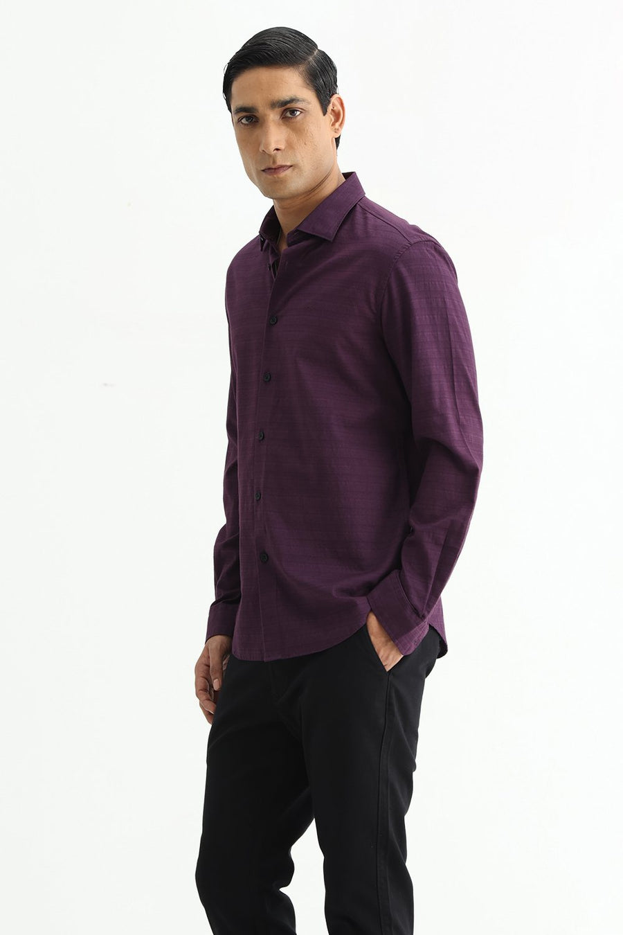 BASICS SLIM FIT PLUM PURPLE COTTON DOBBY SHIRT