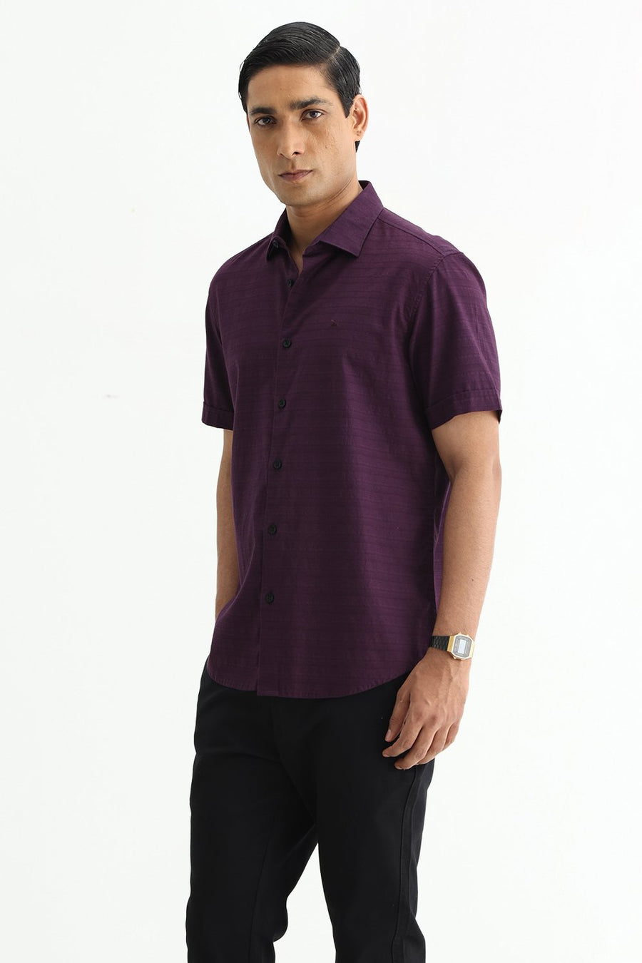 BASICS SLIM FIT PLUM PURPLE COTTON DOBBY HALFSLEEVES SHIRT