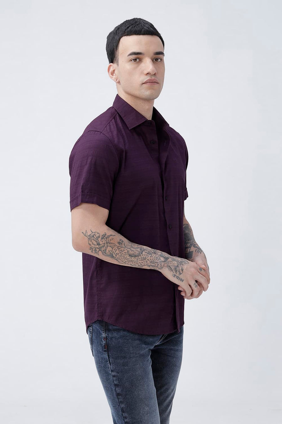 BASICS SLIM FIT PLUM PURPLE COTTON DOBBY HALFSLEEVES SHIRT