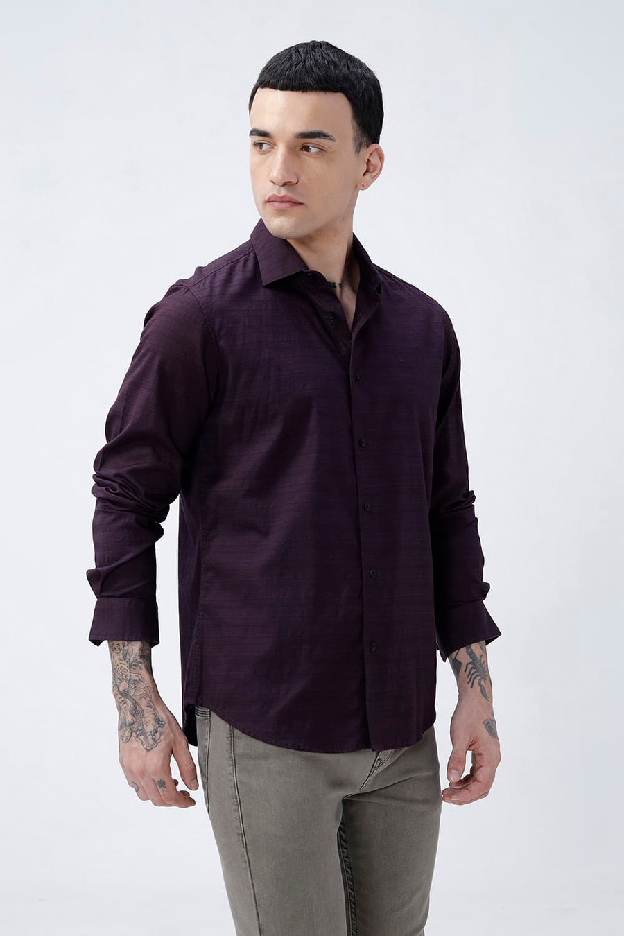BASICS SLIM FIT PLUM PURPLE COTTON DOBBY SHIRT