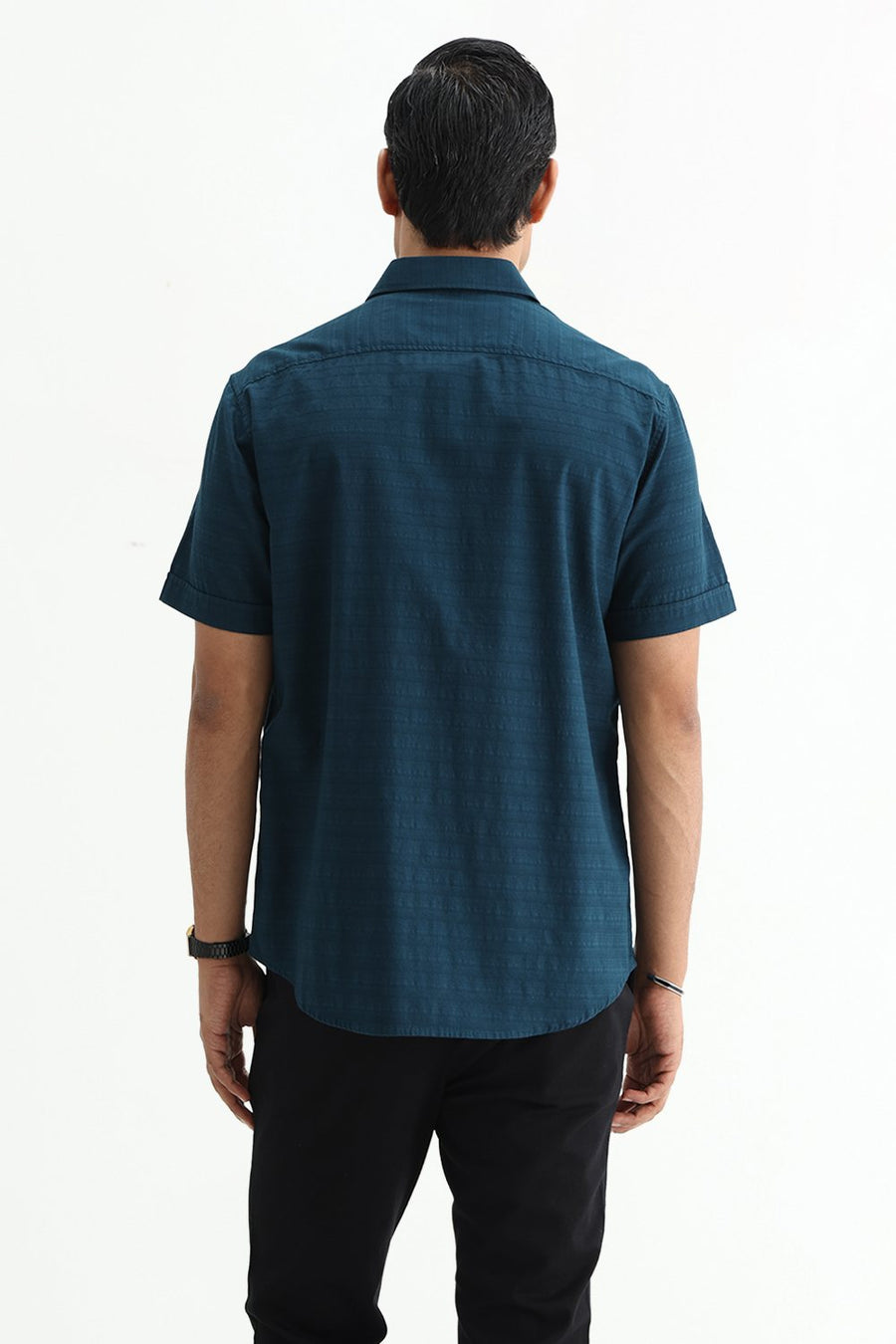 BASICS SLIM FIT STARGAZER TEAL COTTON DOBBY HALFSLEEVES SHIRT
