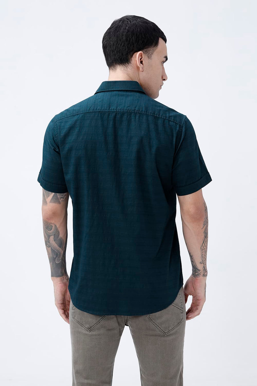 BASICS SLIM FIT STARGAZER TEAL COTTON DOBBY HALFSLEEVES SHIRT