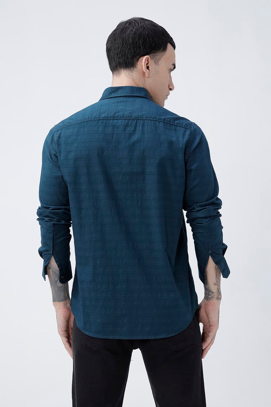 BASICS SLIM FIT STARGAZER TEAL COTTON DOBBY SHIRT
