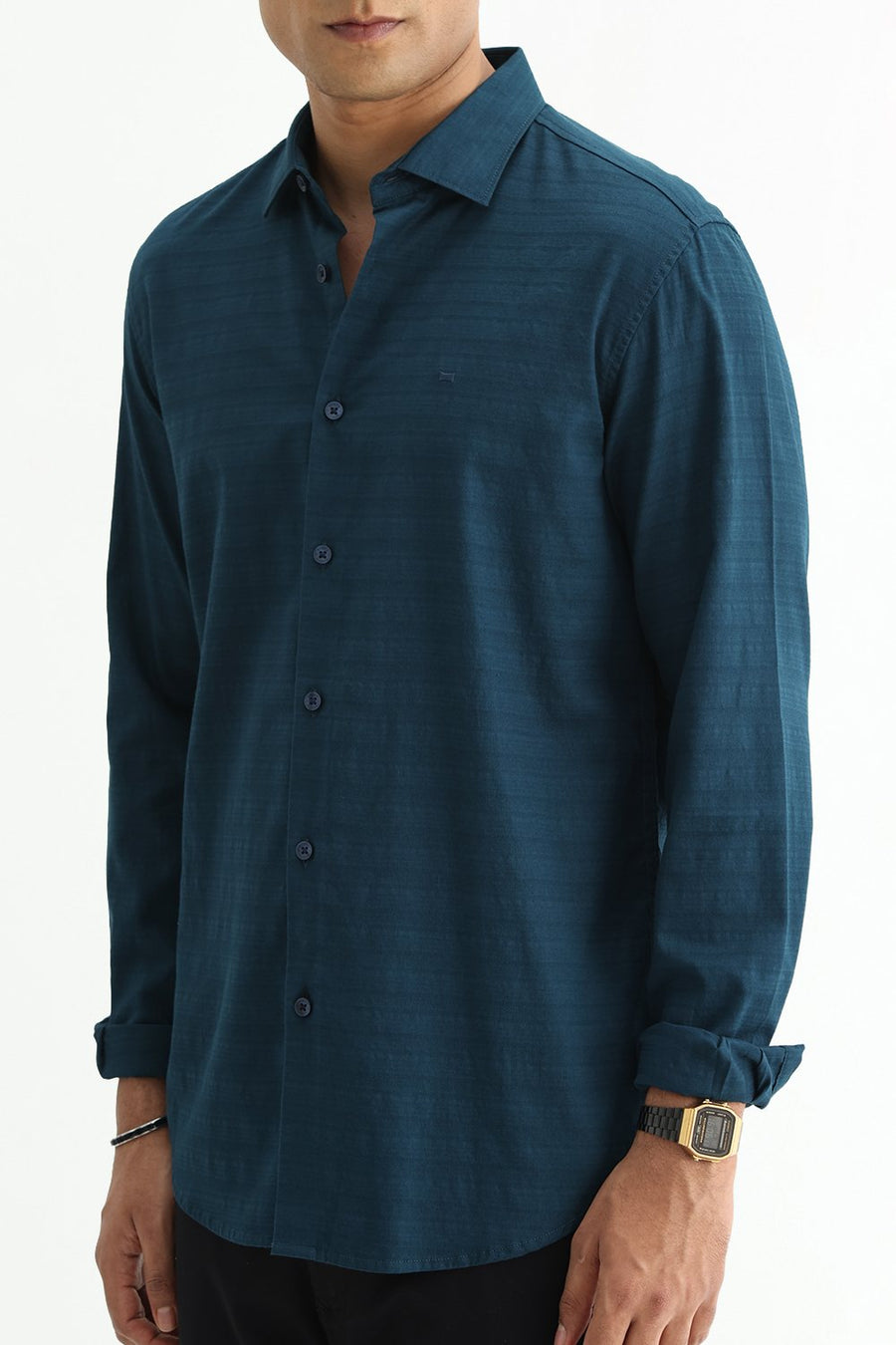 BASICS SLIM FIT STARGAZER TEAL COTTON DOBBY SHIRT