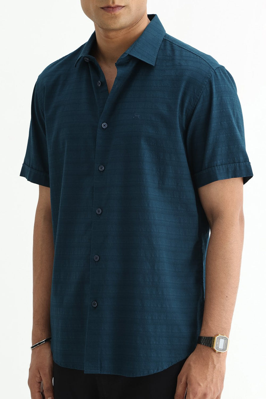 BASICS SLIM FIT STARGAZER TEAL COTTON DOBBY HALFSLEEVES SHIRT