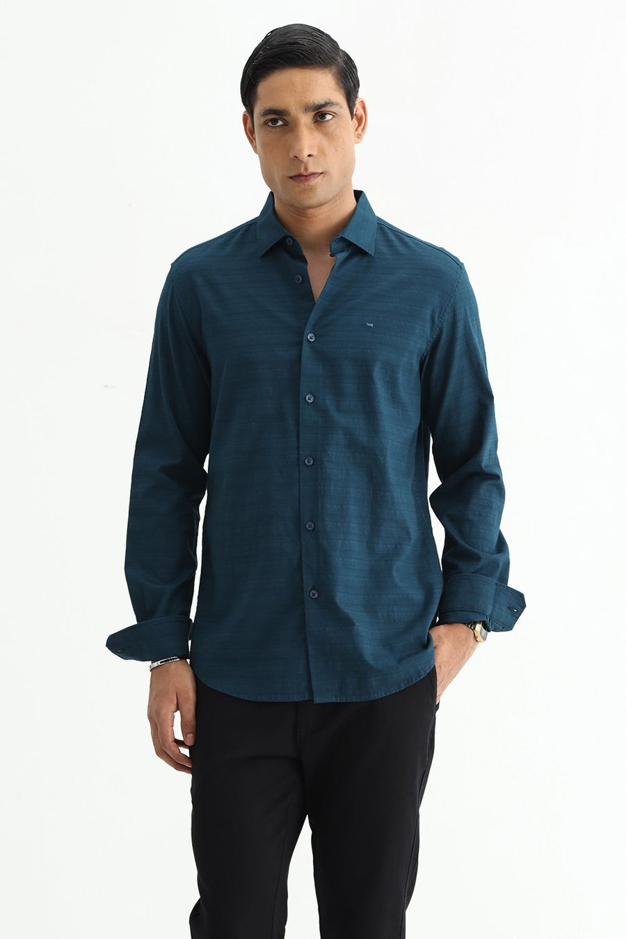 BASICS SLIM FIT STARGAZER TEAL COTTON DOBBY SHIRT