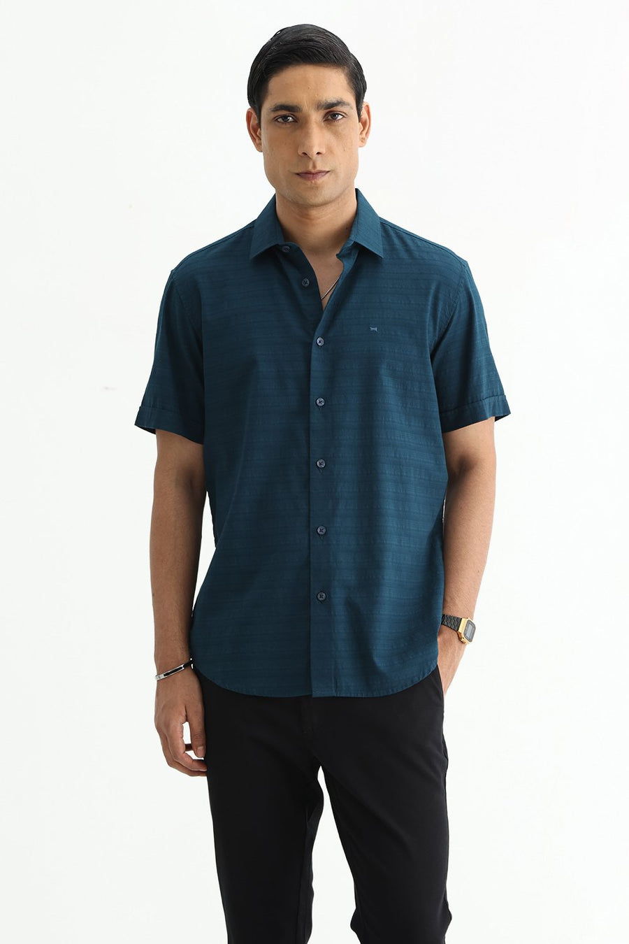 BASICS SLIM FIT STARGAZER TEAL COTTON DOBBY HALFSLEEVES SHIRT