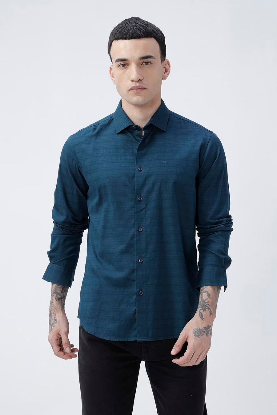 BASICS SLIM FIT STARGAZER TEAL COTTON DOBBY SHIRT