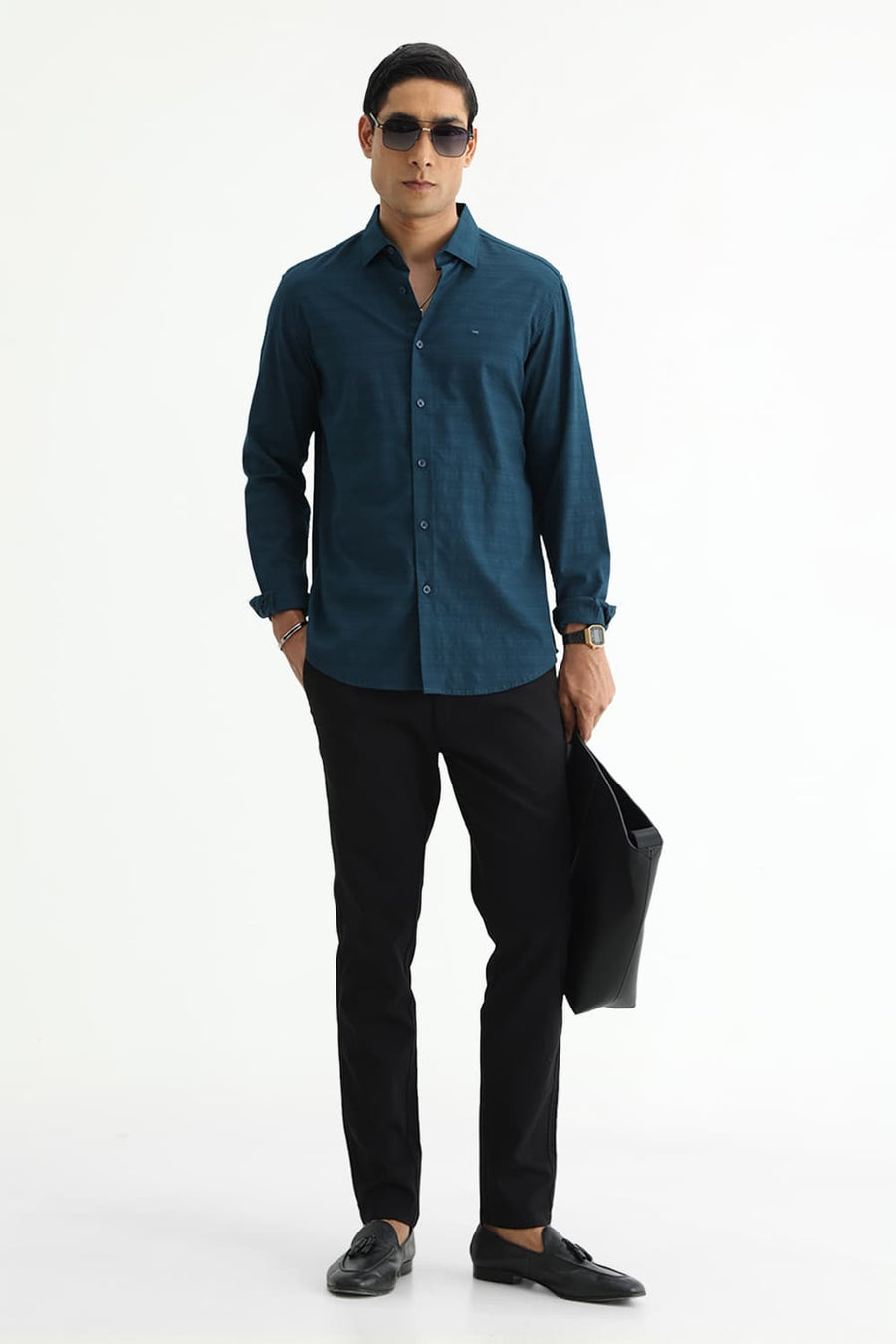 BASICS SLIM FIT STARGAZER TEAL COTTON DOBBY SHIRT
