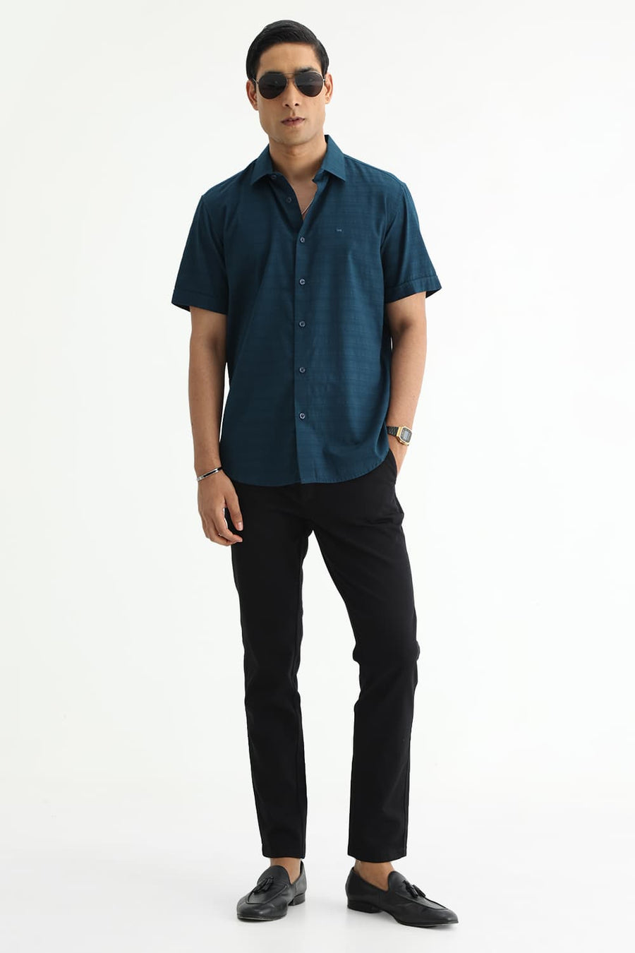 BASICS SLIM FIT STARGAZER TEAL COTTON DOBBY HALFSLEEVES SHIRT