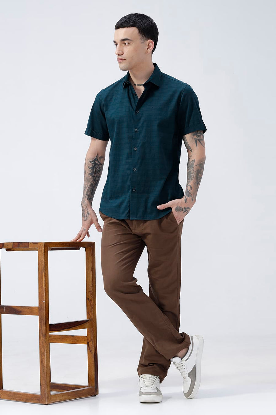 BASICS SLIM FIT STARGAZER TEAL COTTON DOBBY HALFSLEEVES SHIRT